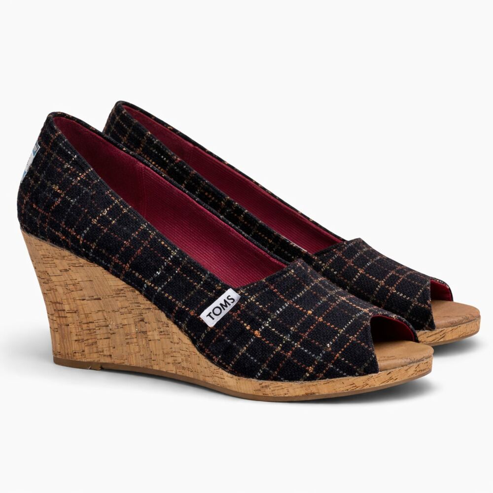 TOMS CLASSIC MULTI-COLOR TWEED PEEP TOE WEDGE CORK HEELS WOMEN'S SIZE 8.5